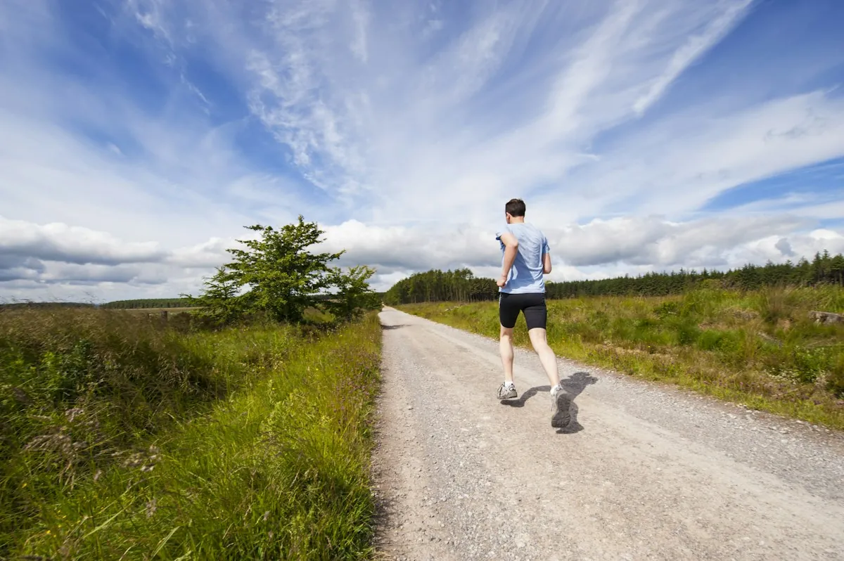 A runner in a blue shirt jogging along a gravel path through green fields