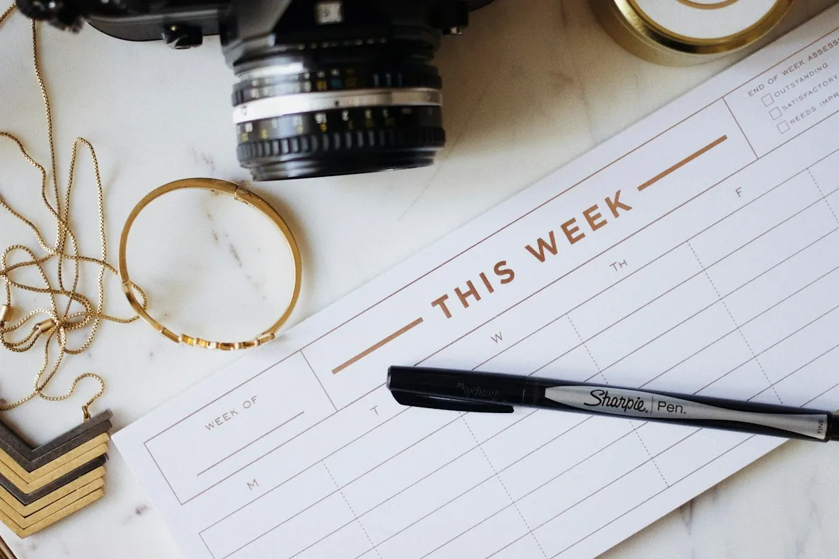 A weekly planner page and pen on a marble desk