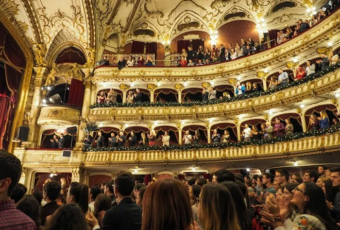 A crowd of people watching a show inside an ornate theater
