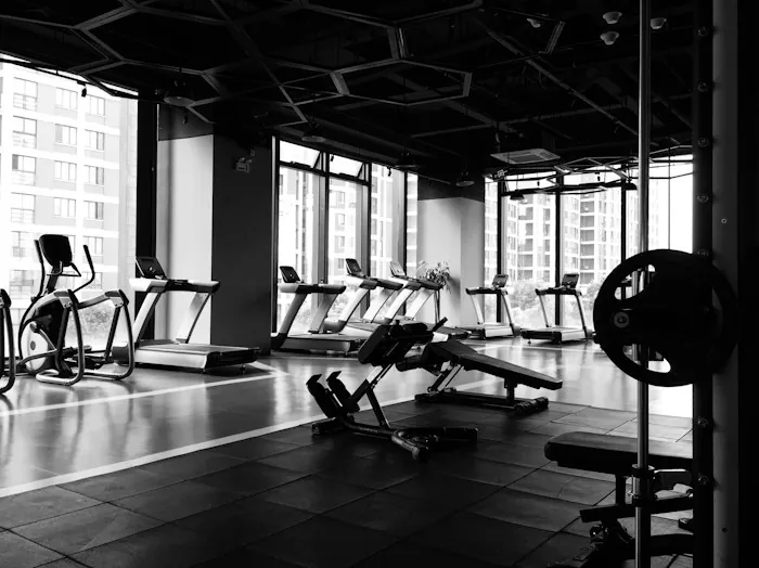 A row of treadmills and machines in a bright, empty gym