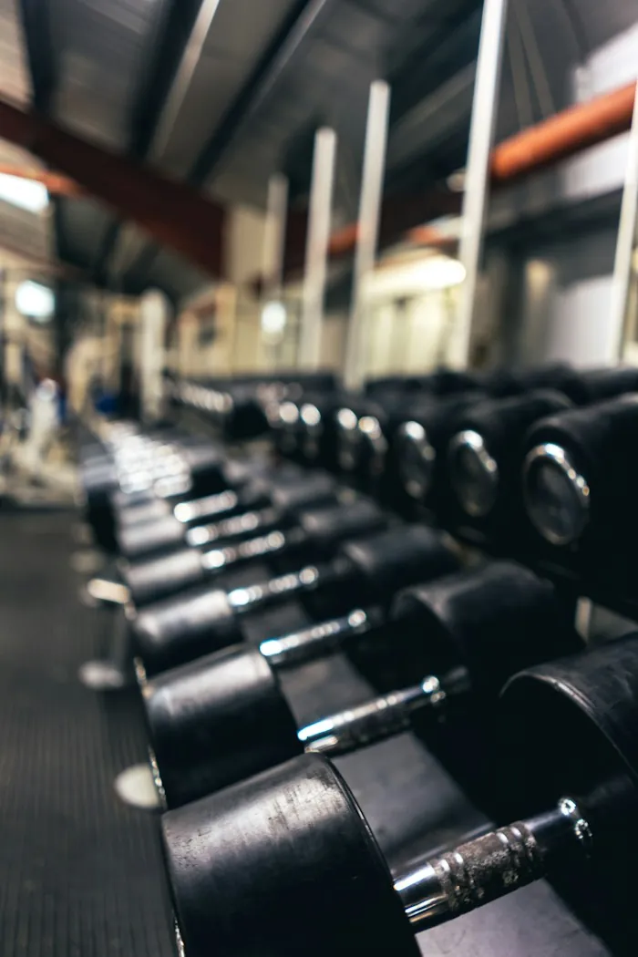 Rows of dumbbells in graduated weights on a gym rack