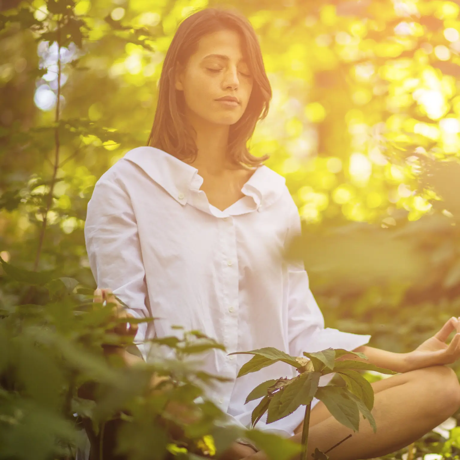 a woman meditating in the woods